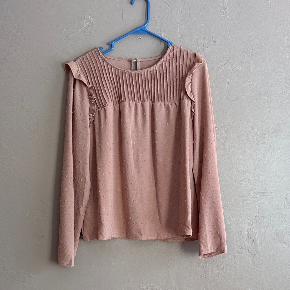 Blush Pink Swiss Dot Pleated Blouse, Size Large